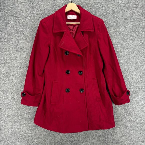 Anne Klein Coat Women M Medium Red Button Up Collared Long Sleeve Wool Lined - Picture 1 of 7